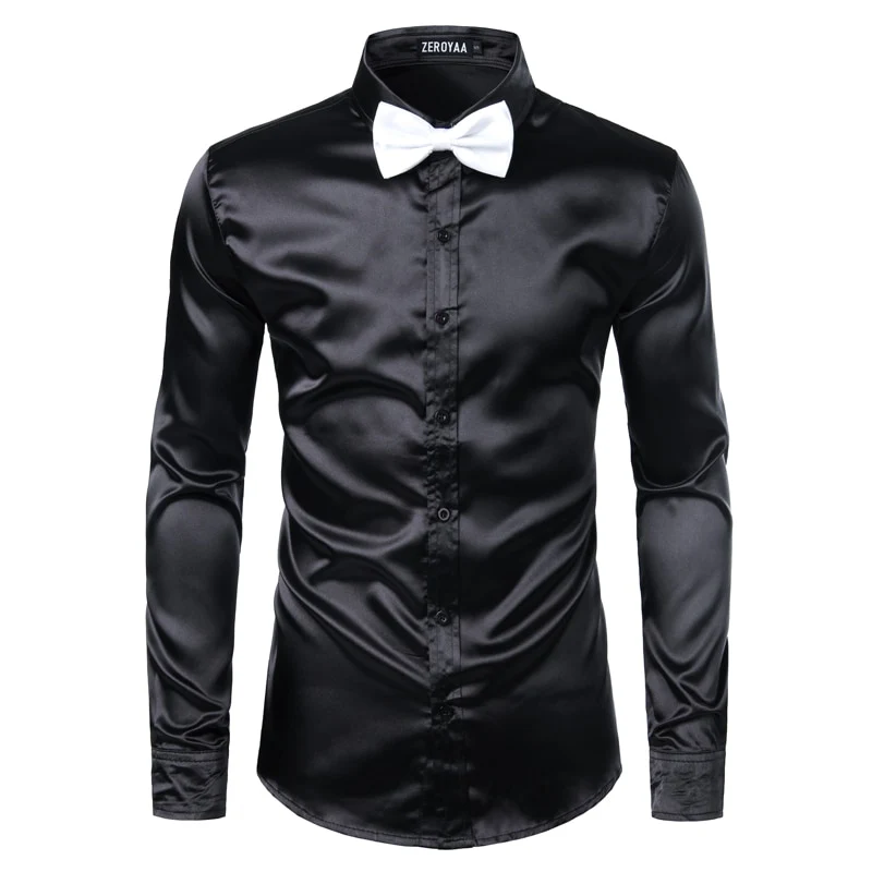 2pcs Silver Silk Shirt+Tie Mens Satin Smooth Tuxedo Shirts - Image 10