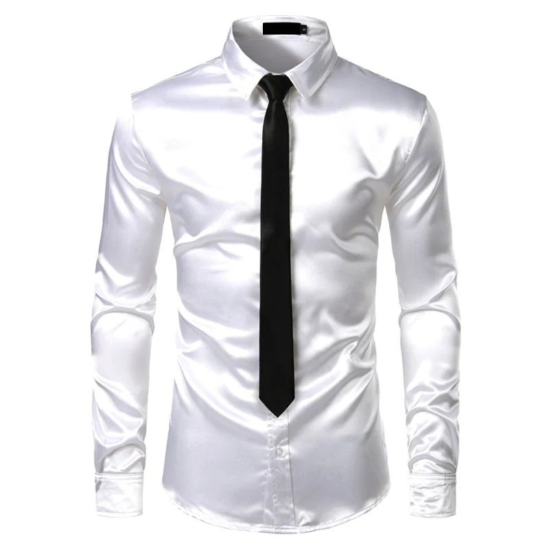 2pcs Silver Silk Shirt+Tie Mens Satin Smooth Tuxedo Shirts - Image 14