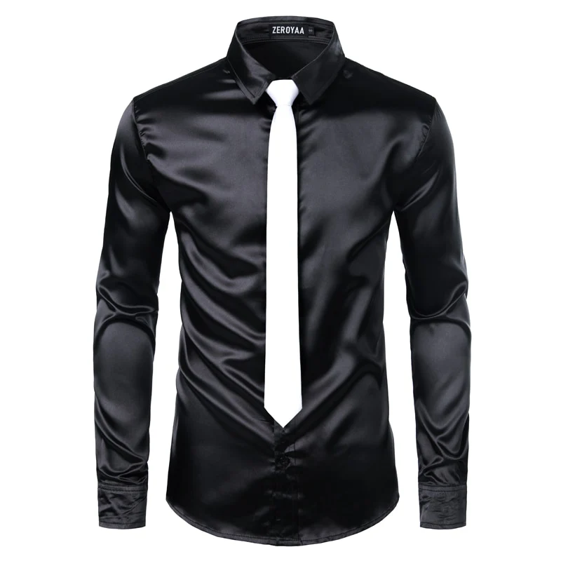 2pcs Silver Silk Shirt+Tie Mens Satin Smooth Tuxedo Shirts - Image 15