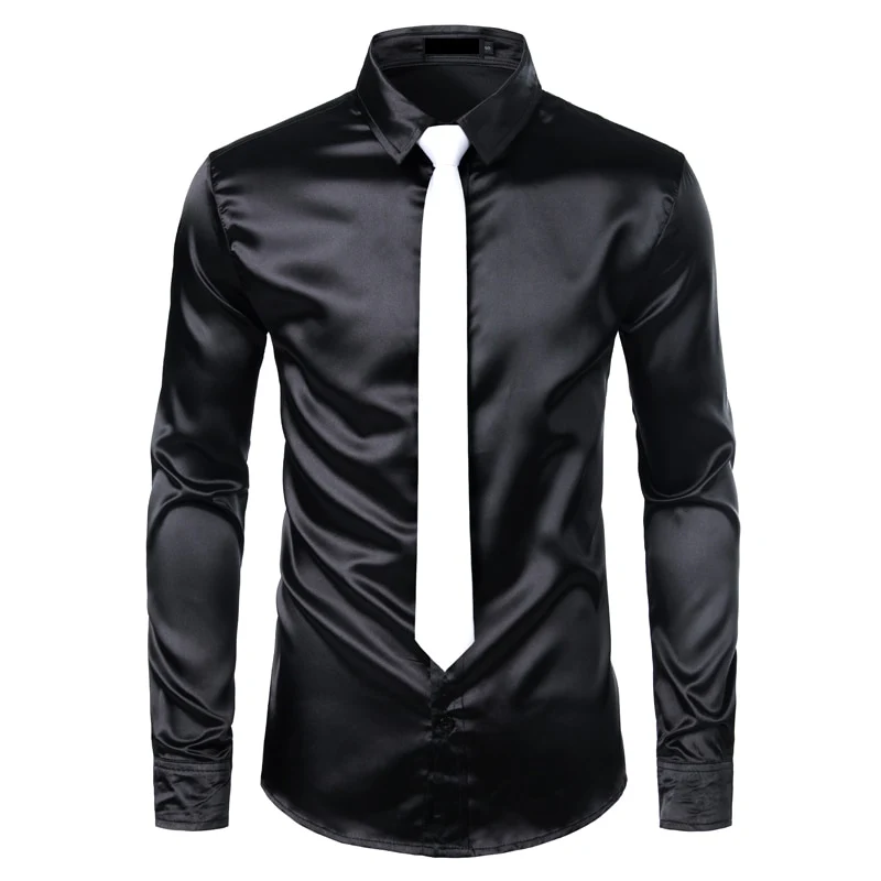 2pcs Silver Silk Shirt+Tie Mens Satin Smooth Tuxedo Shirts - Image 16