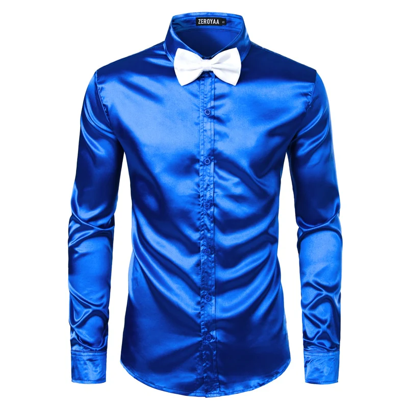 2pcs Silver Silk Shirt+Tie Mens Satin Smooth Tuxedo Shirts - Image 19