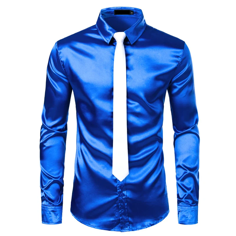 2pcs Silver Silk Shirt+Tie Mens Satin Smooth Tuxedo Shirts - Image 21