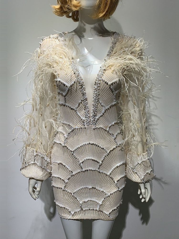 Sexy Women's Sexy V-neck Beaded Dress Beaded Long Sleeve Feather Wine Dress - Image 4