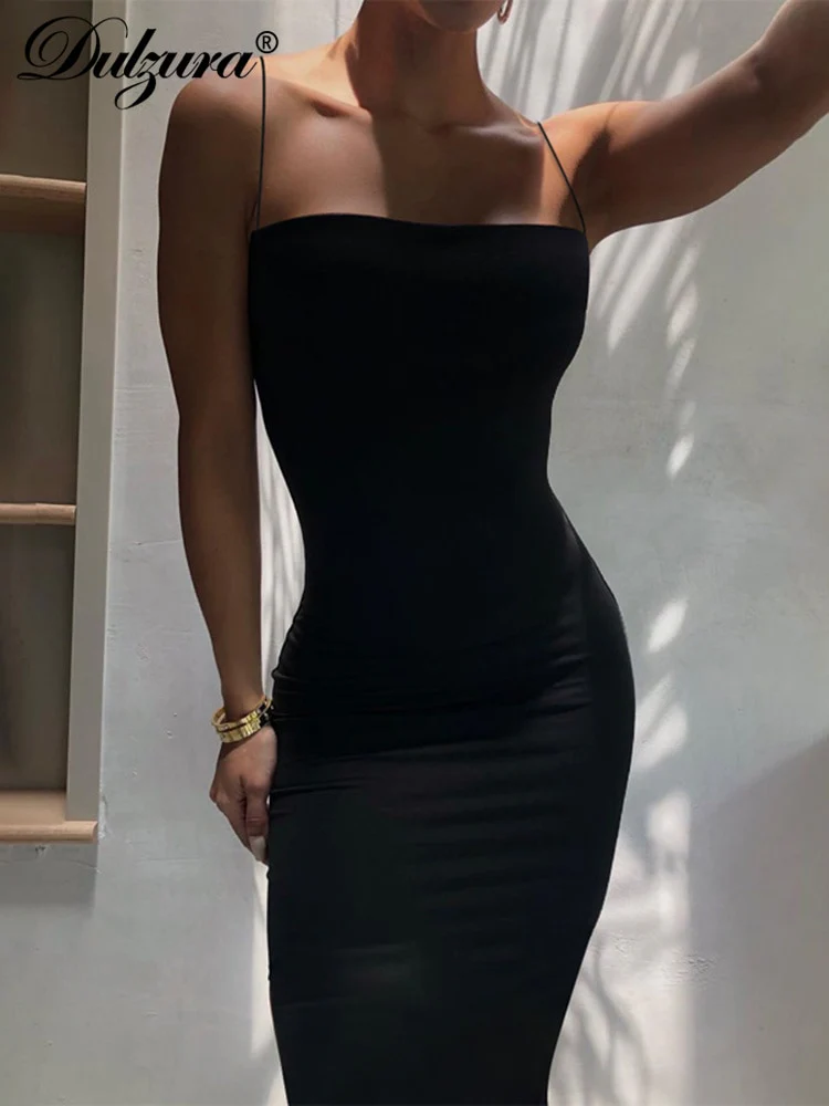 Dulzura 2023 Autumn Winter Women Solid White Black Strap Midi Dress Bodycon Sexy Streetwear Party Club Elegant Fashion Clothes - Image 9