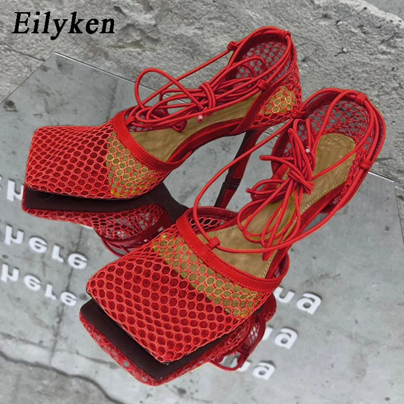 Eilyken 2023 New Sexy Mesh Pumps Sandals Female Square Toe High Heel Lace Up Cross-Tied Stiletto Hollow Dress Shoes - Image 10