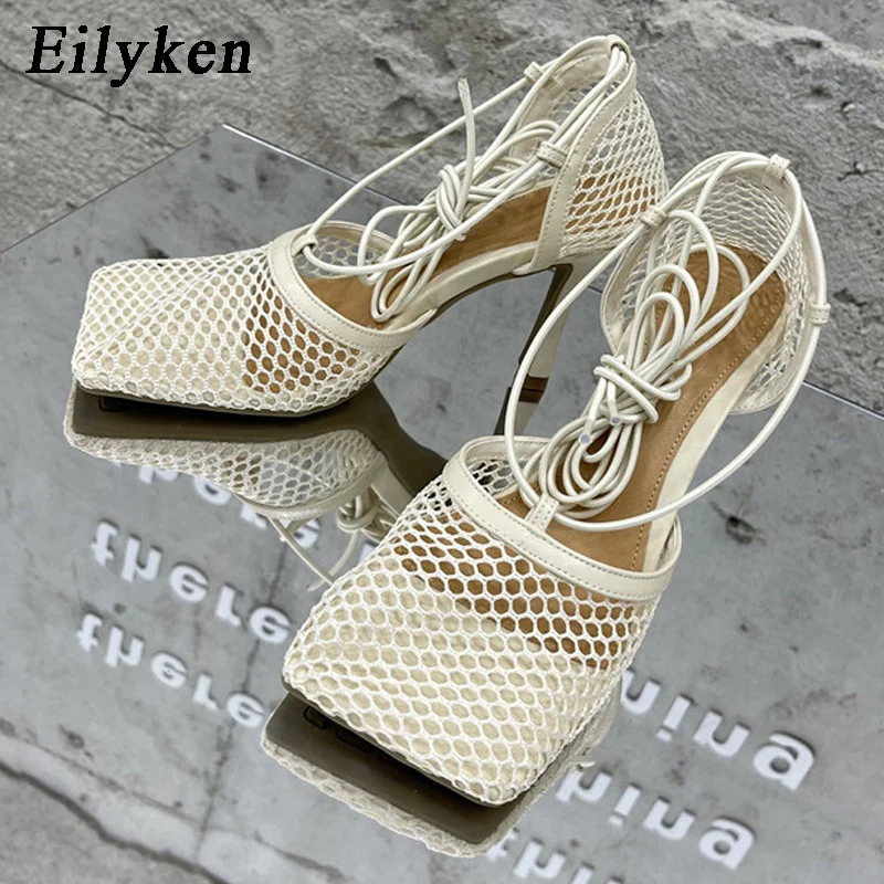 Eilyken 2023 New Sexy Mesh Pumps Sandals Female Square Toe High Heel Lace Up Cross-Tied Stiletto Hollow Dress Shoes - Image 4