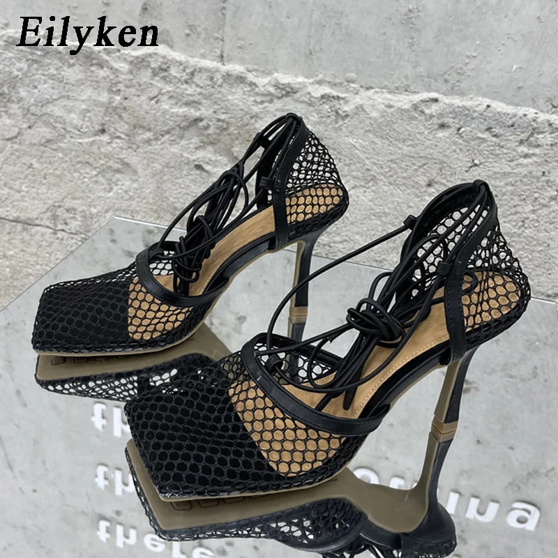 Eilyken 2023 New Sexy Mesh Pumps Sandals Female Square Toe High Heel Lace Up Cross-Tied Stiletto Hollow Dress Shoes - Image 6