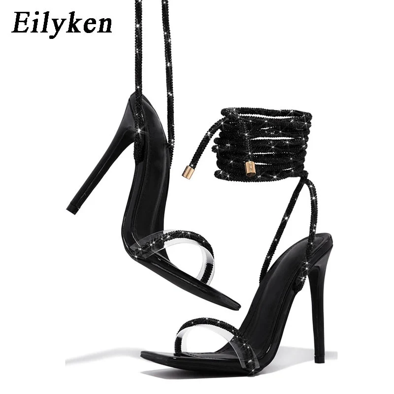 Eilyken Transparent Crystal Rhinestone Women Sandals Ankle Lace-up Square Toe Wedding Party High Heels Female Shoes - Image 5