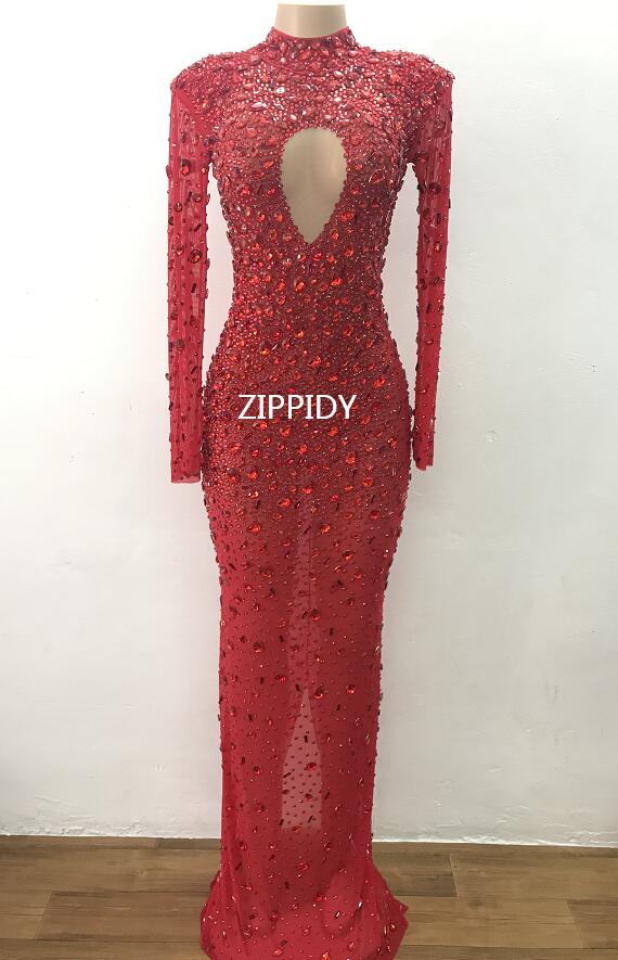 Flashing Silver Crystals Stones Sexy Transparent Long Dress Evening Birthday Celebrate Mesh Stretch Dance Long Sleeves Dress - Image 4