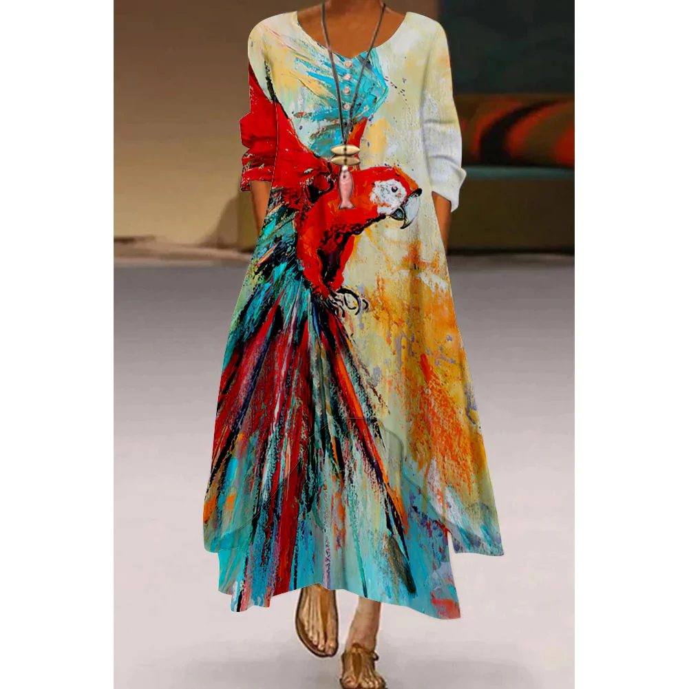 Floral Parrot Print Maxi Long Dress Women's Fashion Party Evening Dresses Sexy high Waist Robe Summer Long Sleeve Elegant Dress - Image 19