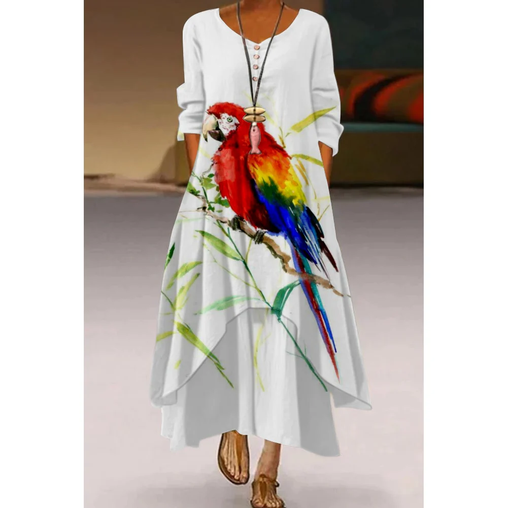 Floral Parrot Print Maxi Long Dress Women's Fashion Party Evening Dresses Sexy high Waist Robe Summer Long Sleeve Elegant Dress - Image 21