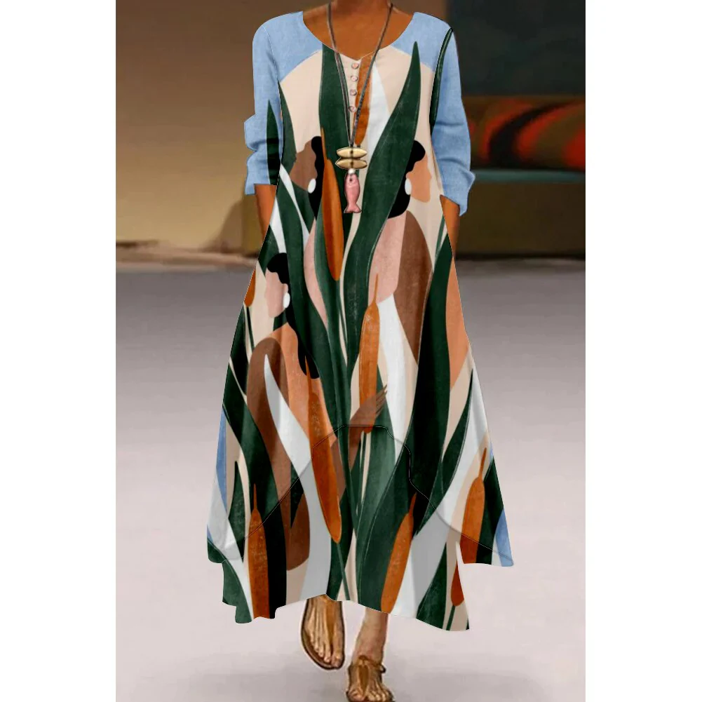 Floral Parrot Print Maxi Long Dress Women's Fashion Party Evening Dresses Sexy high Waist Robe Summer Long Sleeve Elegant Dress - Image 22