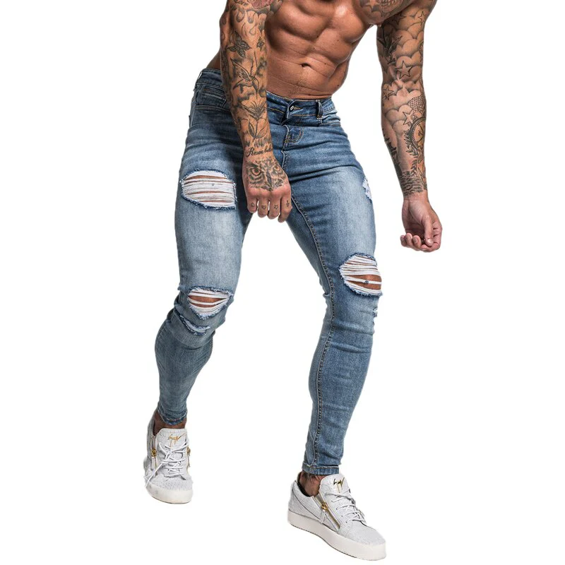 Gingtto Men Jeans Skinny Stretch Repaired Jeans Light Blue Hip Hop Distressed Super Skinny Slim Fit Cotton Comfortable Big Size - Image 3
