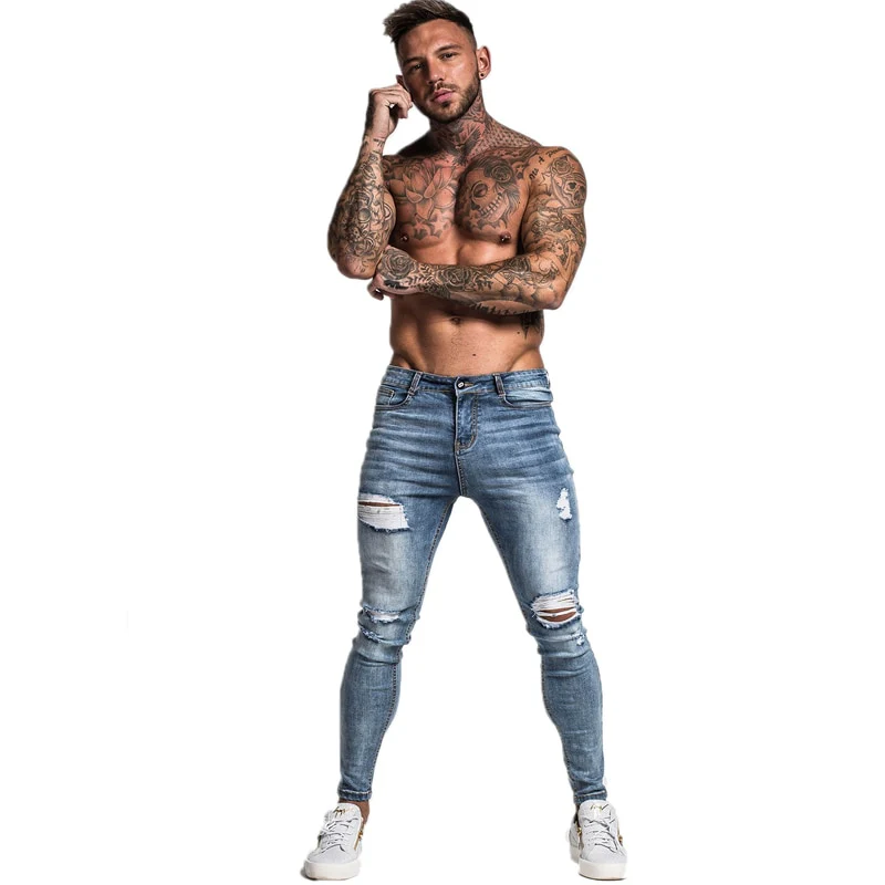 Gingtto Men Jeans Skinny Stretch Repaired Jeans Light Blue Hip Hop Distressed Super Skinny Slim Fit Cotton Comfortable Big Size - Image 4