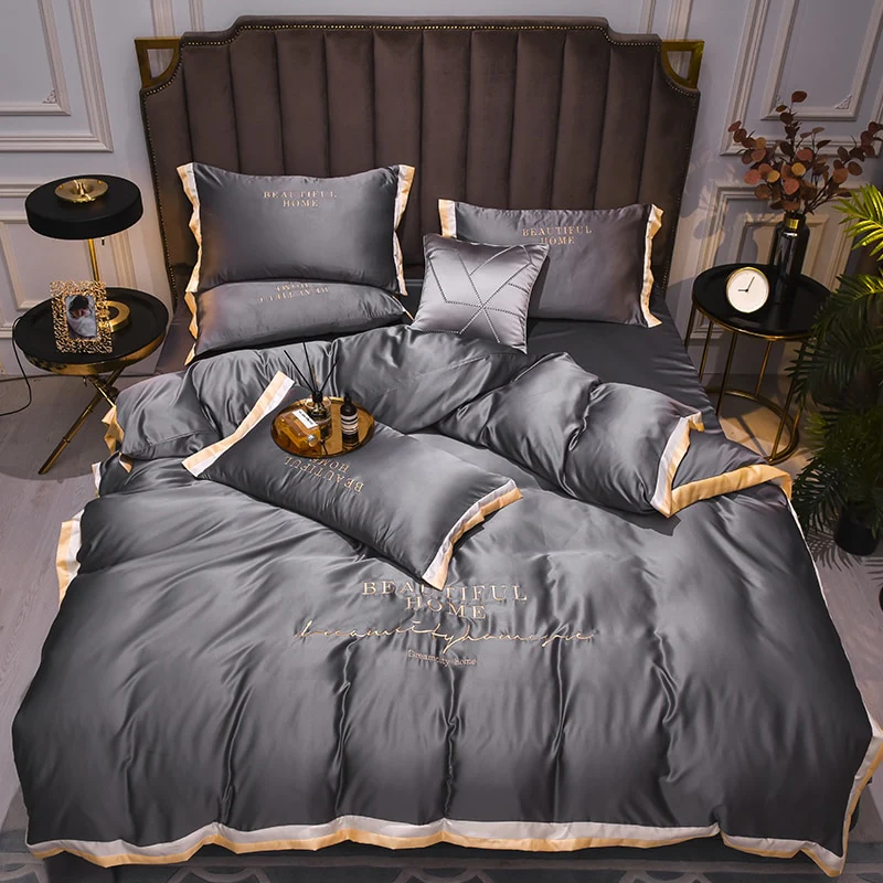 Luxury Bedding Sets Pink Grey White Rayon Embroidery Sheet Quilt Pillowcase Comfortable Soft Fluffy Bedding King Queen 4pcs - Image 6