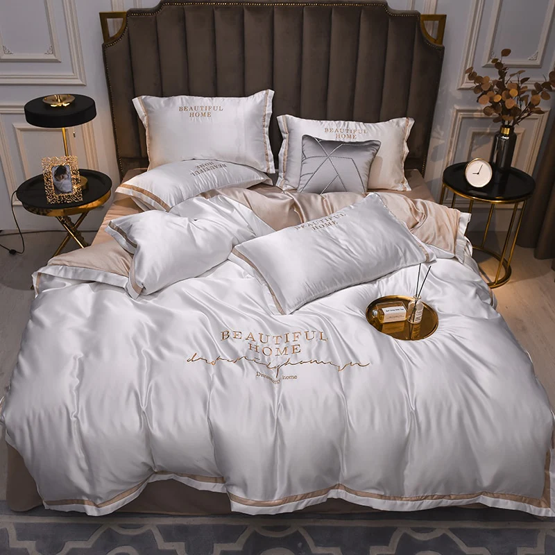 Luxury Bedding Sets Pink Grey White Rayon Embroidery Sheet Quilt Pillowcase Comfortable Soft Fluffy Bedding King Queen 4pcs - Image 9