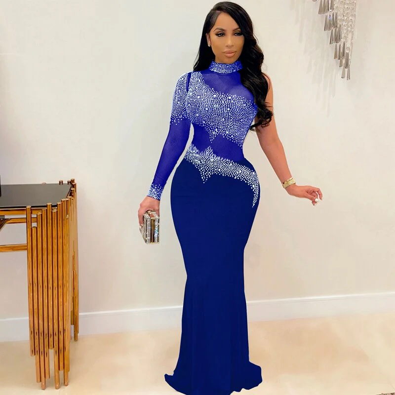 Rhinestone Women Long Maxi Dress Sheer Mesh Patchwork See Through One Shoulder Evening Party Fitness Dress Sexy Club Bodycon - Image 11