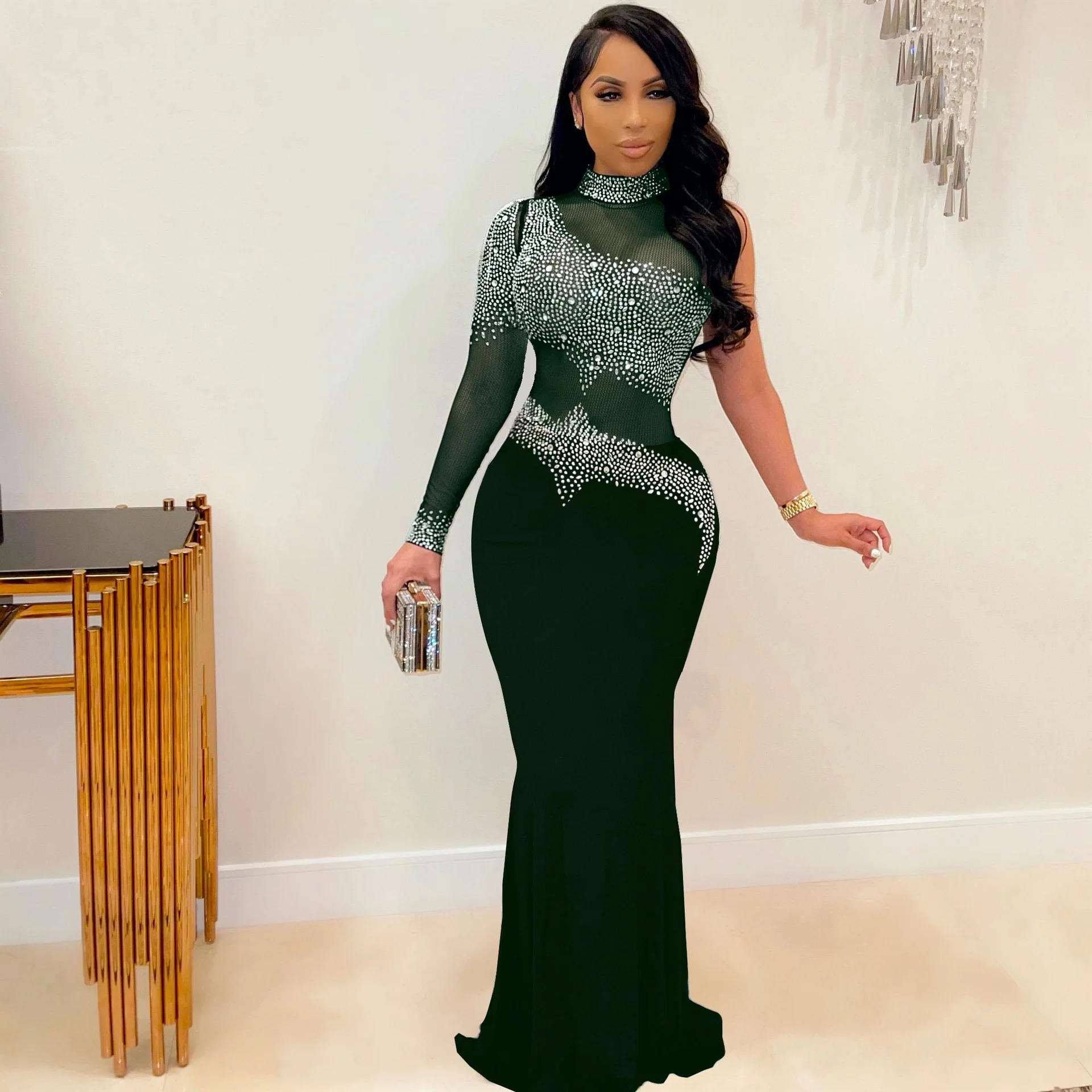Rhinestone Women Long Maxi Dress Sheer Mesh Patchwork See Through One Shoulder Evening Party Fitness Dress Sexy Club Bodycon - Image 4