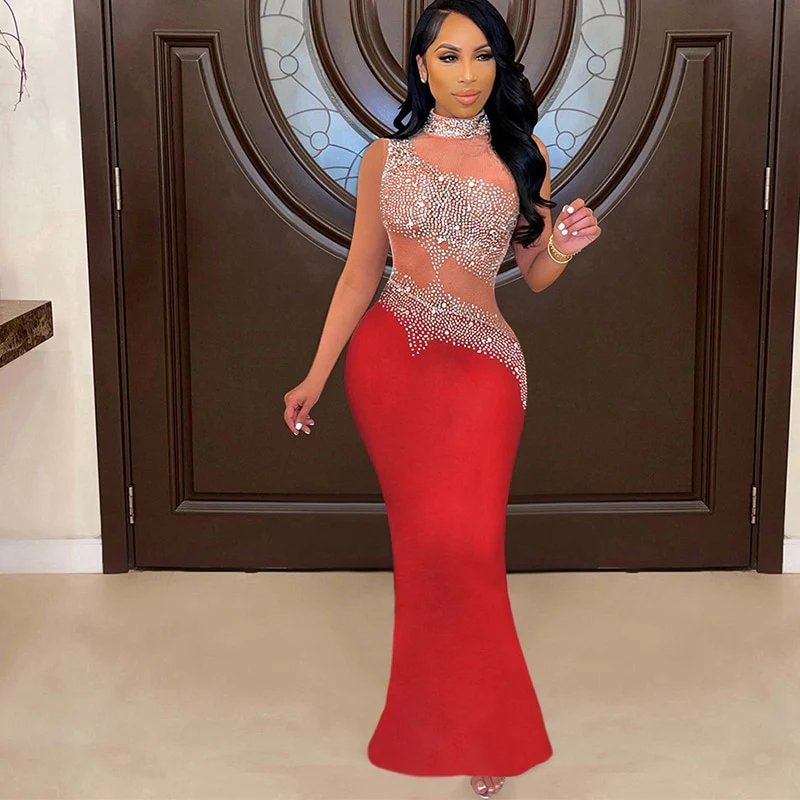 Sheer Mesh Patchwork Rhinestones Long Maxi Dress Women Sleeveless Turtleneck Floor Length Vestidos Sexy Transparent Xmas Dress - Image 10