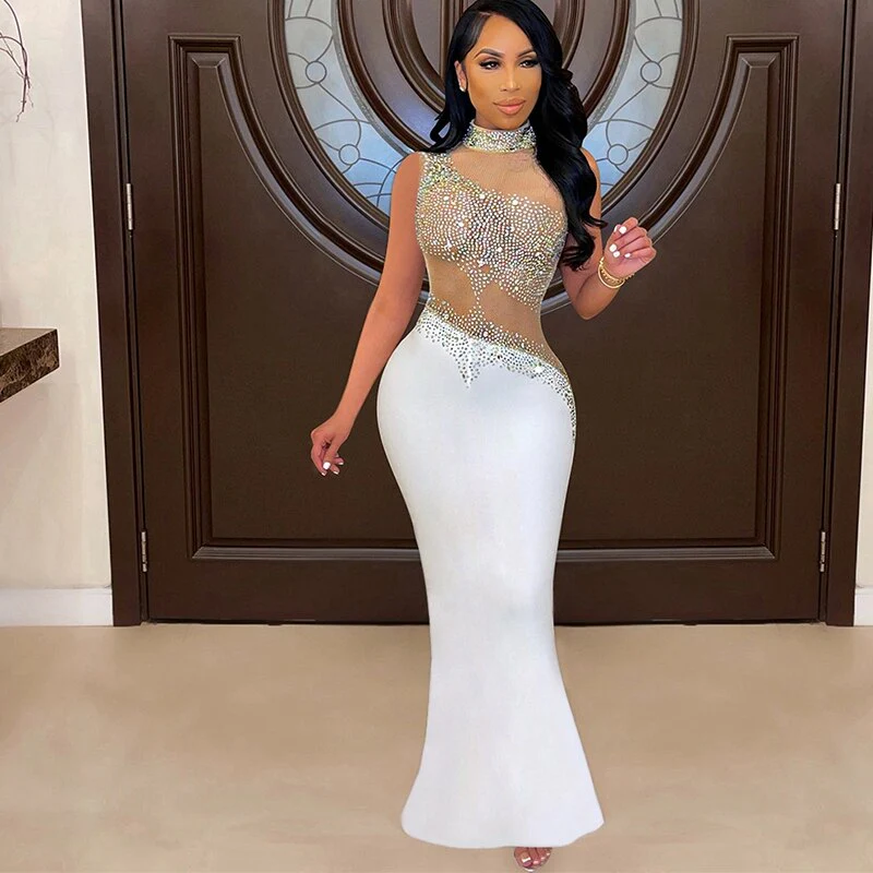 Sheer Mesh Patchwork Rhinestones Long Maxi Dress Women Sleeveless Turtleneck Floor Length Vestidos Sexy Transparent Xmas Dress - Image 4