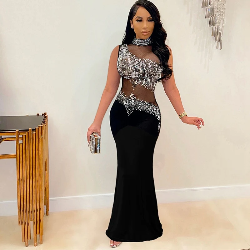 Sheer Mesh Patchwork Rhinestones Long Maxi Dress Women Sleeveless Turtleneck Floor Length Vestidos Sexy Transparent Xmas Dress - Image 6