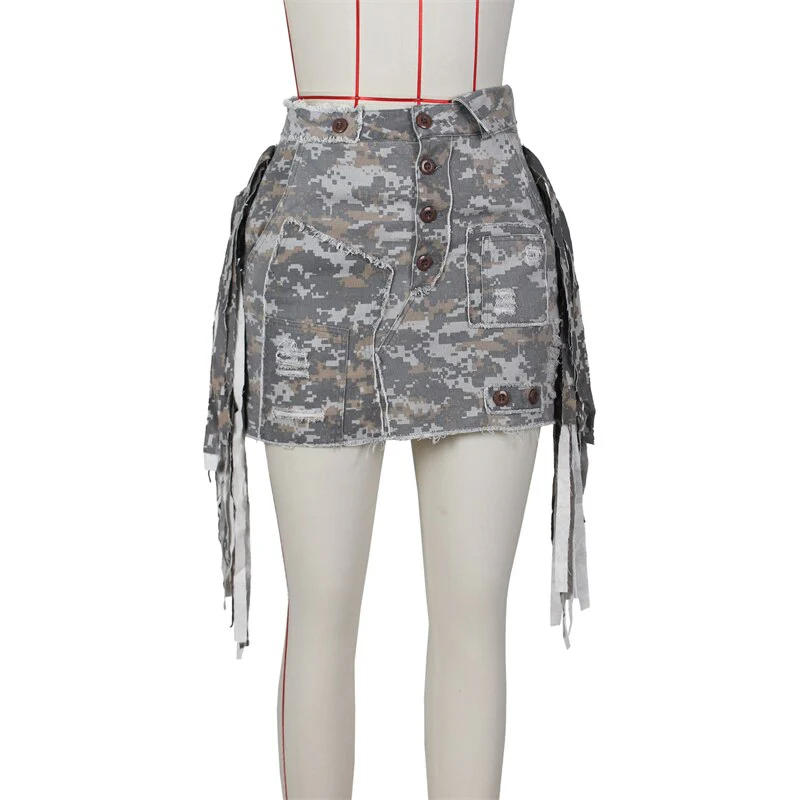 Side Tassel Camouflage Mini Cargo Skirts Women High Waist Buttons Patch Fringed Casual Street Skirt All Matching Skirt - Image 3