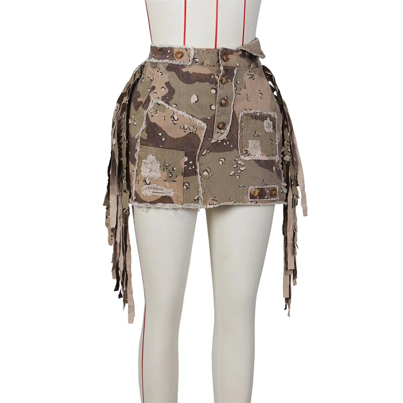 Side Tassel Camouflage Mini Cargo Skirts Women High Waist Buttons Patch Fringed Casual Street Skirt All Matching Skirt - Image 4