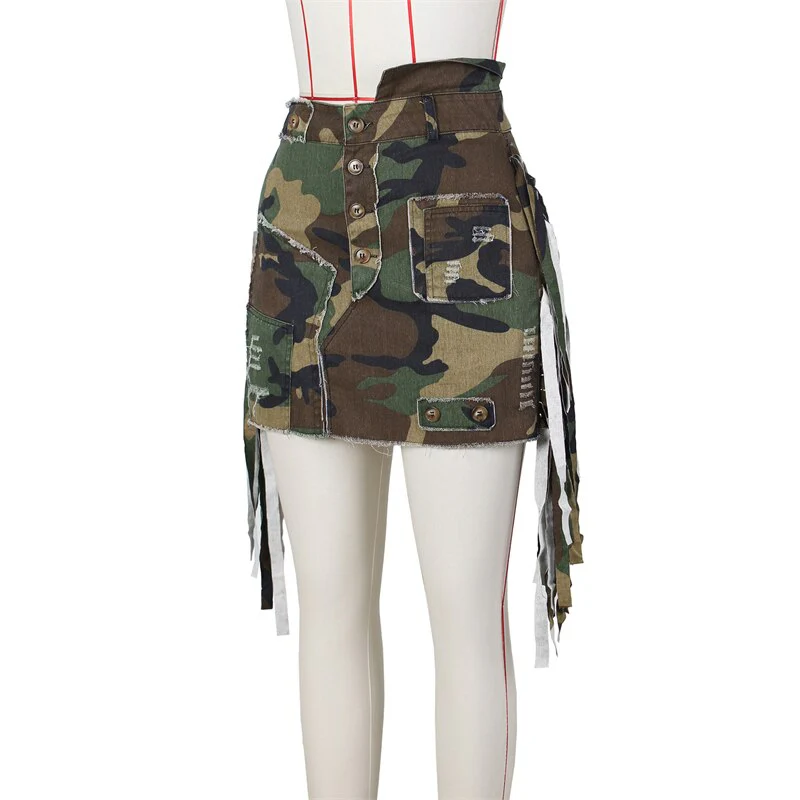 Side Tassel Camouflage Mini Cargo Skirts Women High Waist Buttons Patch Fringed Casual Street Skirt All Matching Skirt - Image 6