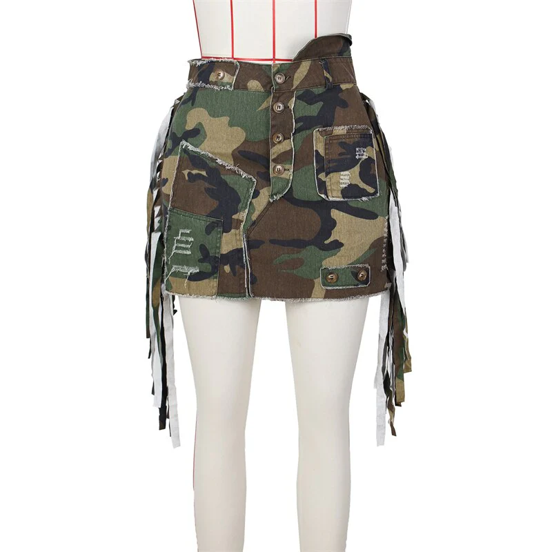 Side Tassel Camouflage Mini Cargo Skirts Women High Waist Buttons Patch Fringed Casual Street Skirt All Matching Skirt - Image 8