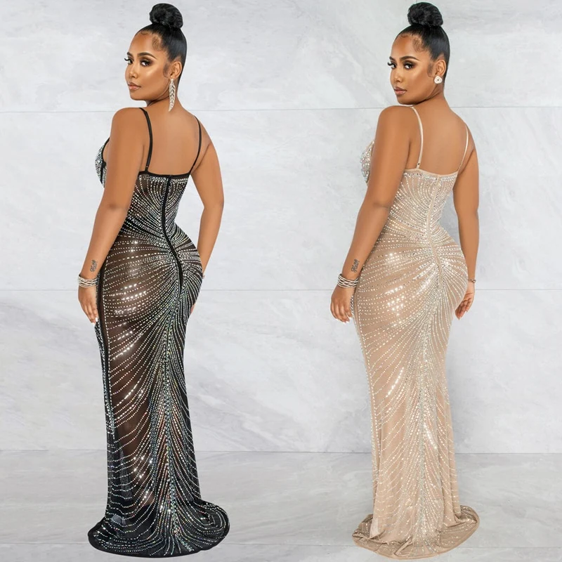 Sparkle Sheer Mesh Rhinestones Long Maxi Dress Gown Women Glam Spagetti Straps Crystal Sexy Evening Party Dress Outifts - Image 4
