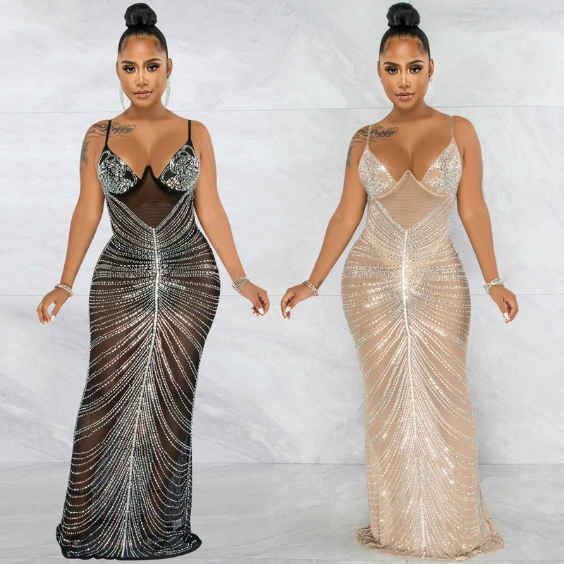 Sparkle Sheer Mesh Rhinestones Long Maxi Dress Gown Women Glam Spagetti Straps Crystal Sexy Evening Party Dress Outifts - Image 5