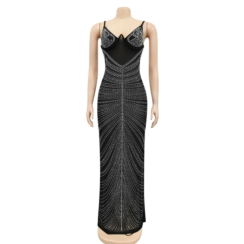 Sparkle Sheer Mesh Rhinestones Long Maxi Dress Gown Women Glam Spagetti Straps Crystal Sexy Evening Party Dress Outifts - Image 8