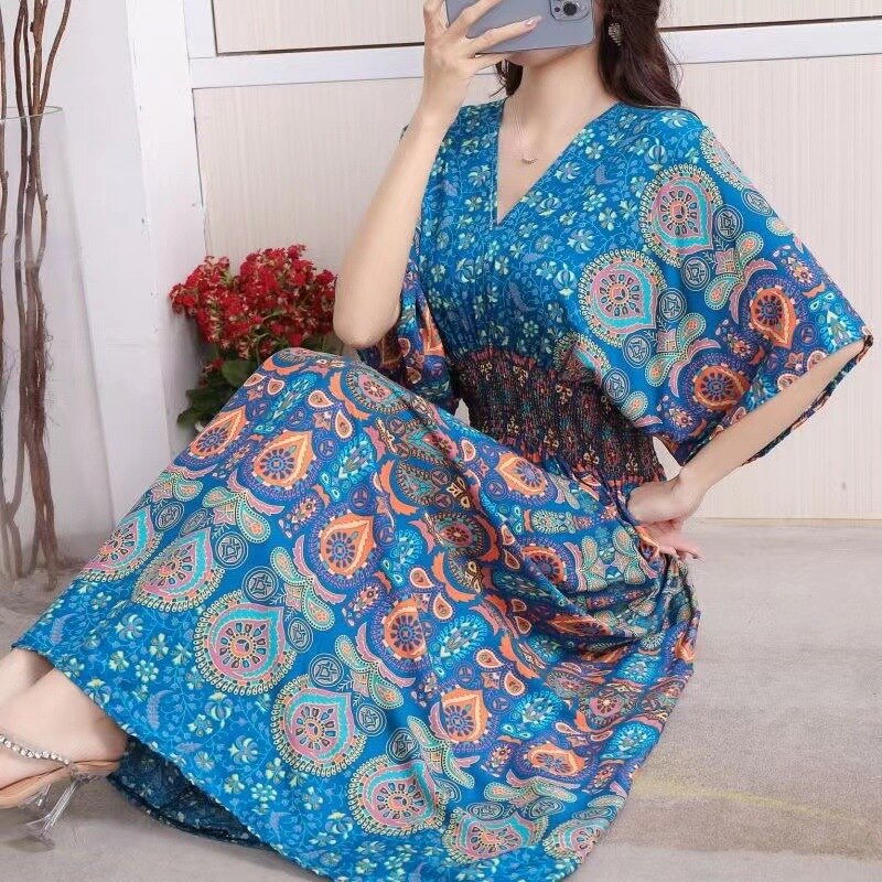 Summer Poplin Dresses Women Round Neck Puff Short Sleeve A Line Print Dresses Ethnic Style Tight High Waist Long Dress 2023 - Image 10