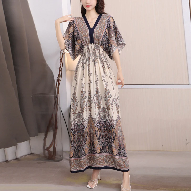 Summer Poplin Dresses Women Round Neck Puff Short Sleeve A Line Print Dresses Ethnic Style Tight High Waist Long Dress 2023 - Image 11
