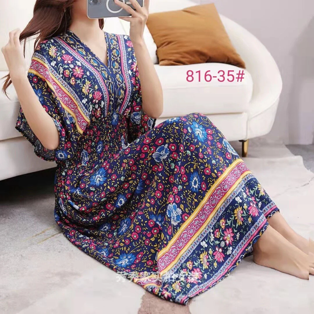 Summer Poplin Dresses Women Round Neck Puff Short Sleeve A Line Print Dresses Ethnic Style Tight High Waist Long Dress 2023 - Image 17