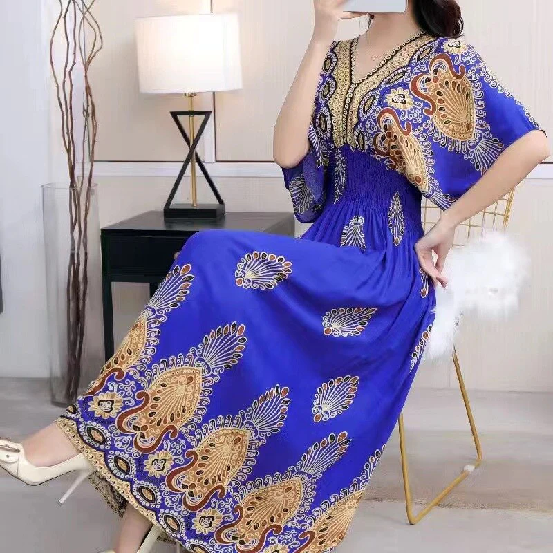 Summer Poplin Dresses Women Round Neck Puff Short Sleeve A Line Print Dresses Ethnic Style Tight High Waist Long Dress 2023 - Image 19