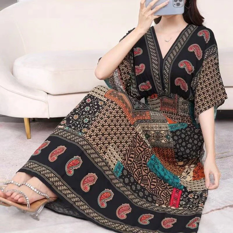 Summer Poplin Dresses Women Round Neck Puff Short Sleeve A Line Print Dresses Ethnic Style Tight High Waist Long Dress 2023 - Image 23