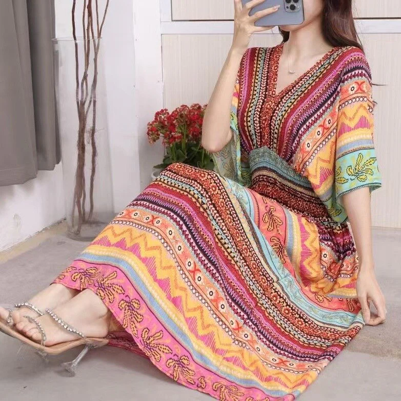 Summer Poplin Dresses Women Round Neck Puff Short Sleeve A Line Print Dresses Ethnic Style Tight High Waist Long Dress 2023 - Image 25