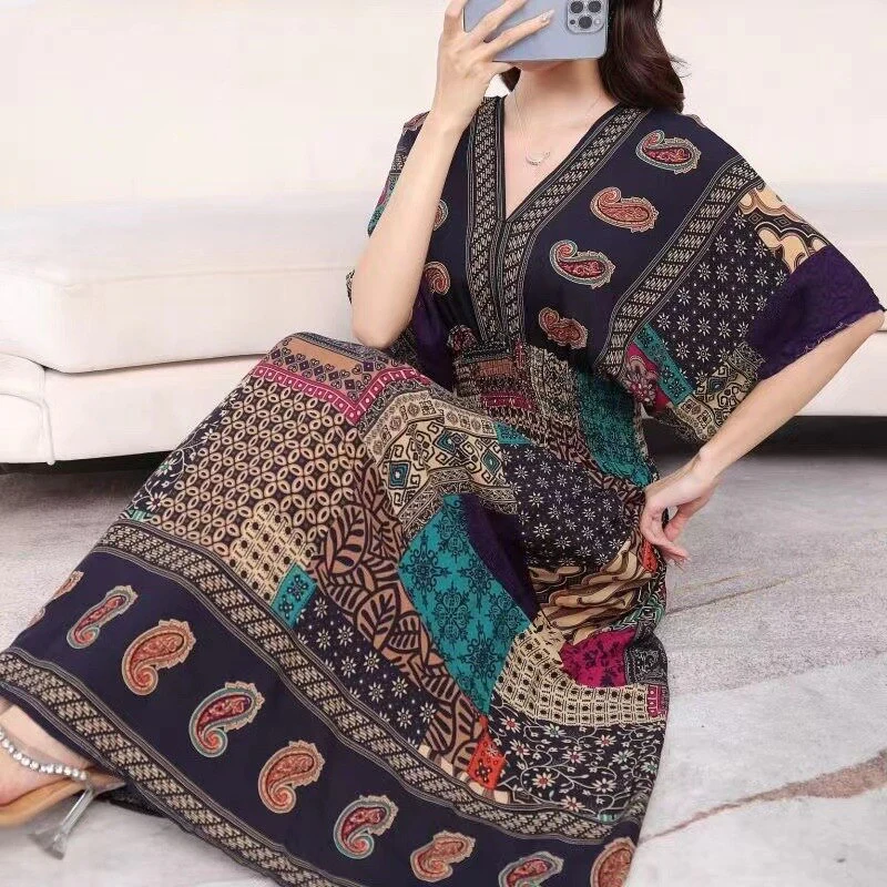 Summer Poplin Dresses Women Round Neck Puff Short Sleeve A Line Print Dresses Ethnic Style Tight High Waist Long Dress 2023 - Image 28