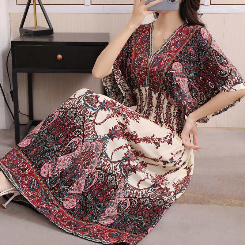 Summer Poplin Dresses Women Round Neck Puff Short Sleeve A Line Print Dresses Ethnic Style Tight High Waist Long Dress 2023 - Image 4