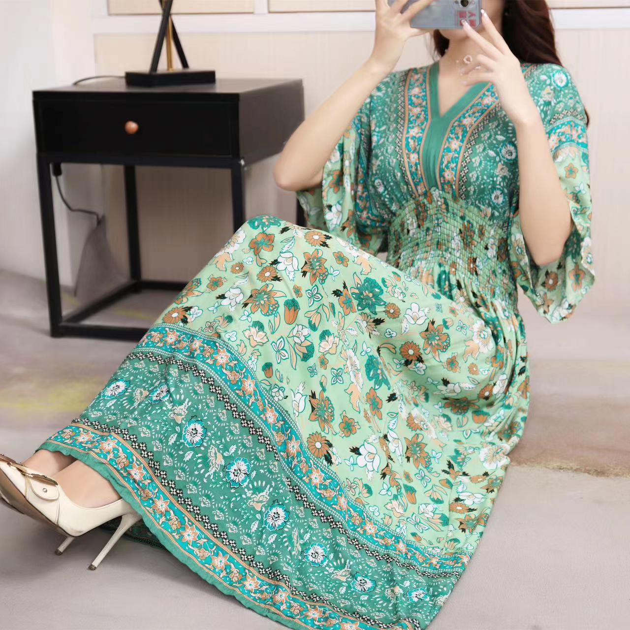 Summer Poplin Dresses Women Round Neck Puff Short Sleeve A Line Print Dresses Ethnic Style Tight High Waist Long Dress 2023 - Image 41