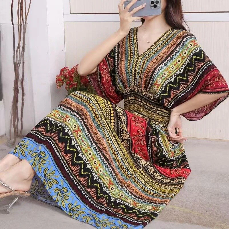 Summer Poplin Dresses Women Round Neck Puff Short Sleeve A Line Print Dresses Ethnic Style Tight High Waist Long Dress 2023 - Image 43