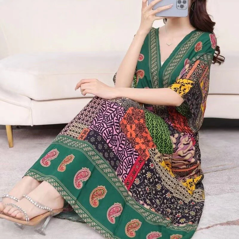 Summer Poplin Dresses Women Round Neck Puff Short Sleeve A Line Print Dresses Ethnic Style Tight High Waist Long Dress 2023 - Image 45