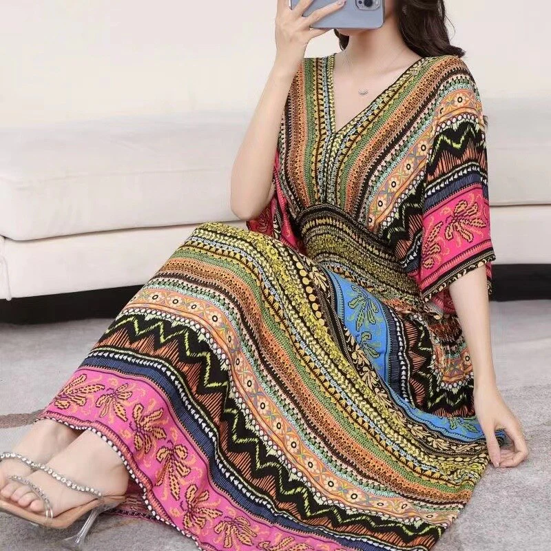 Summer Poplin Dresses Women Round Neck Puff Short Sleeve A Line Print Dresses Ethnic Style Tight High Waist Long Dress 2023 - Image 46