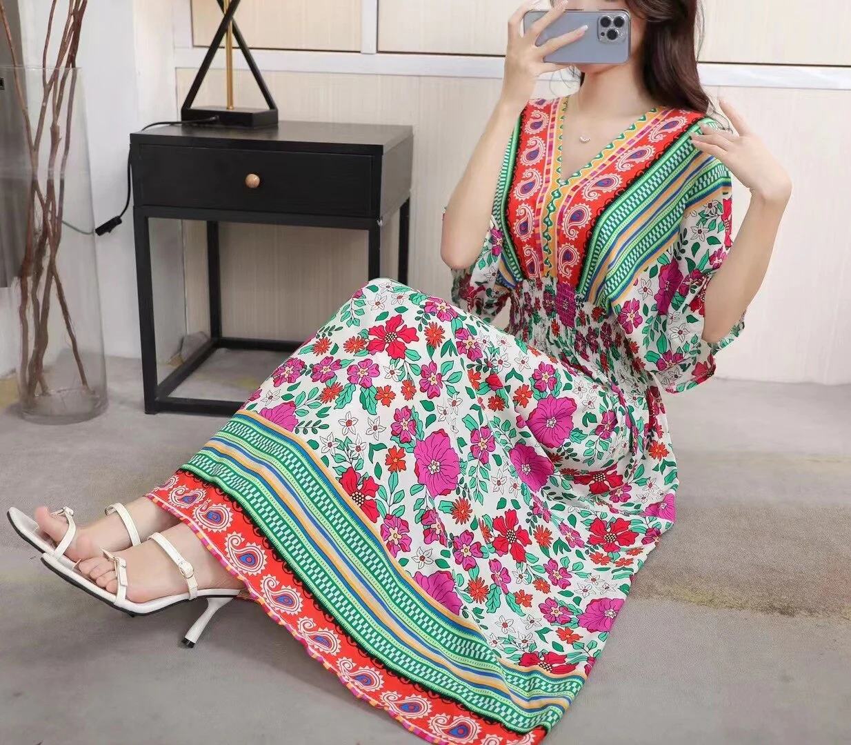 Summer Poplin Dresses Women Round Neck Puff Short Sleeve A Line Print Dresses Ethnic Style Tight High Waist Long Dress 2023 - Image 47
