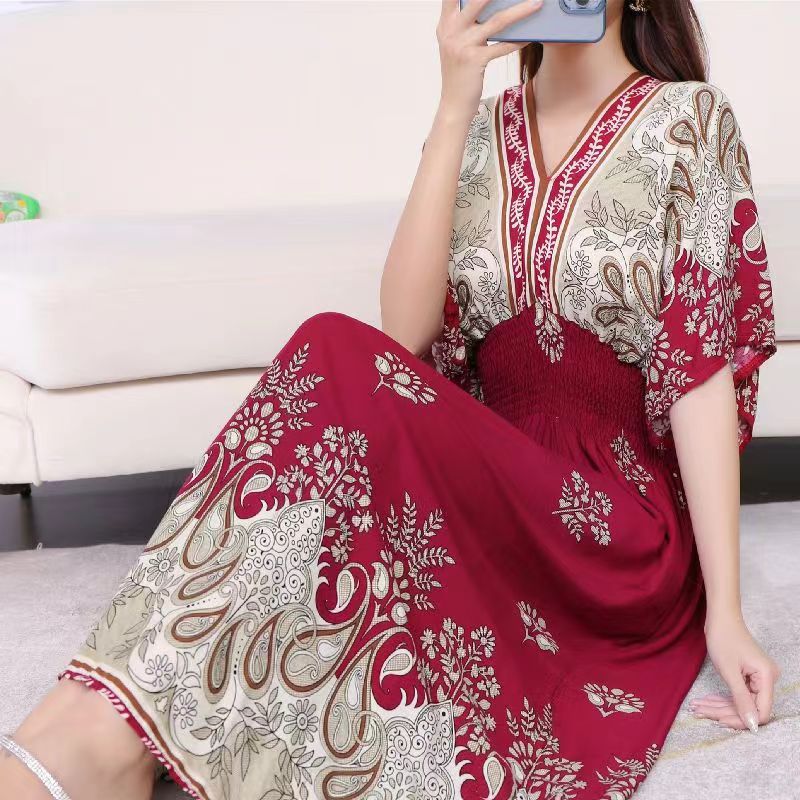 Summer Poplin Dresses Women Round Neck Puff Short Sleeve A Line Print Dresses Ethnic Style Tight High Waist Long Dress 2023 - Image 49