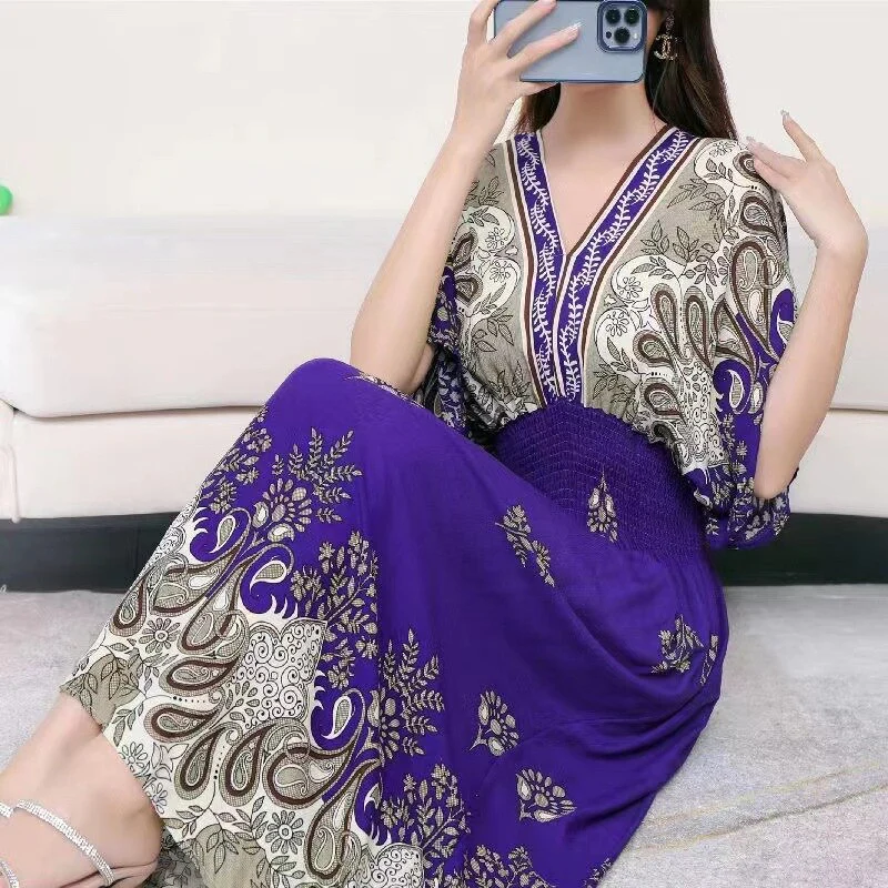 Summer Poplin Dresses Women Round Neck Puff Short Sleeve A Line Print Dresses Ethnic Style Tight High Waist Long Dress 2023 - Image 51
