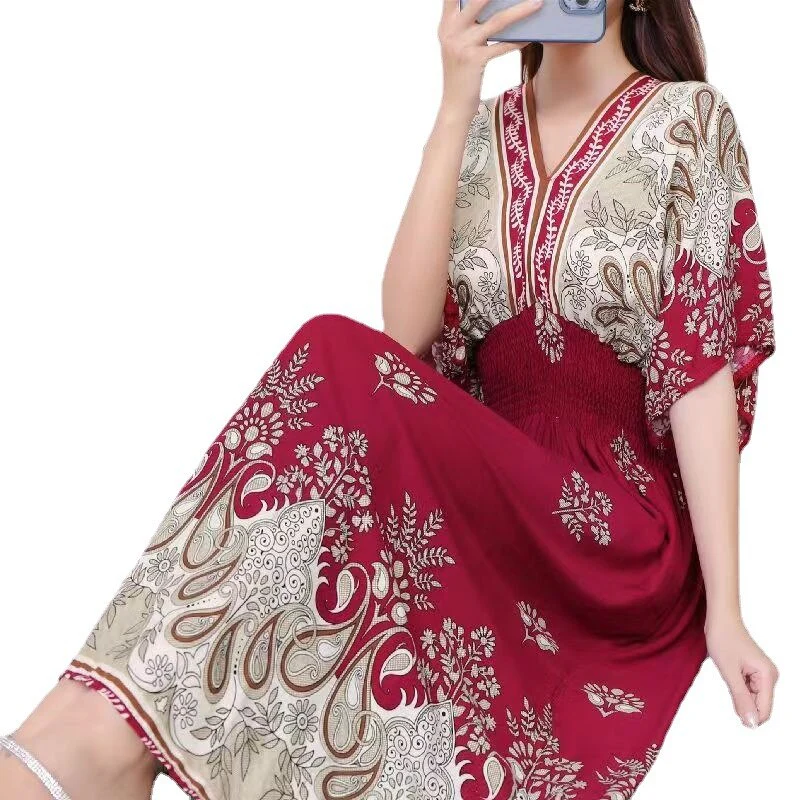 Summer Poplin Dresses Women Round Neck Puff Short Sleeve A Line Print Dresses Ethnic Style Tight High Waist Long Dress 2023 - Image 55