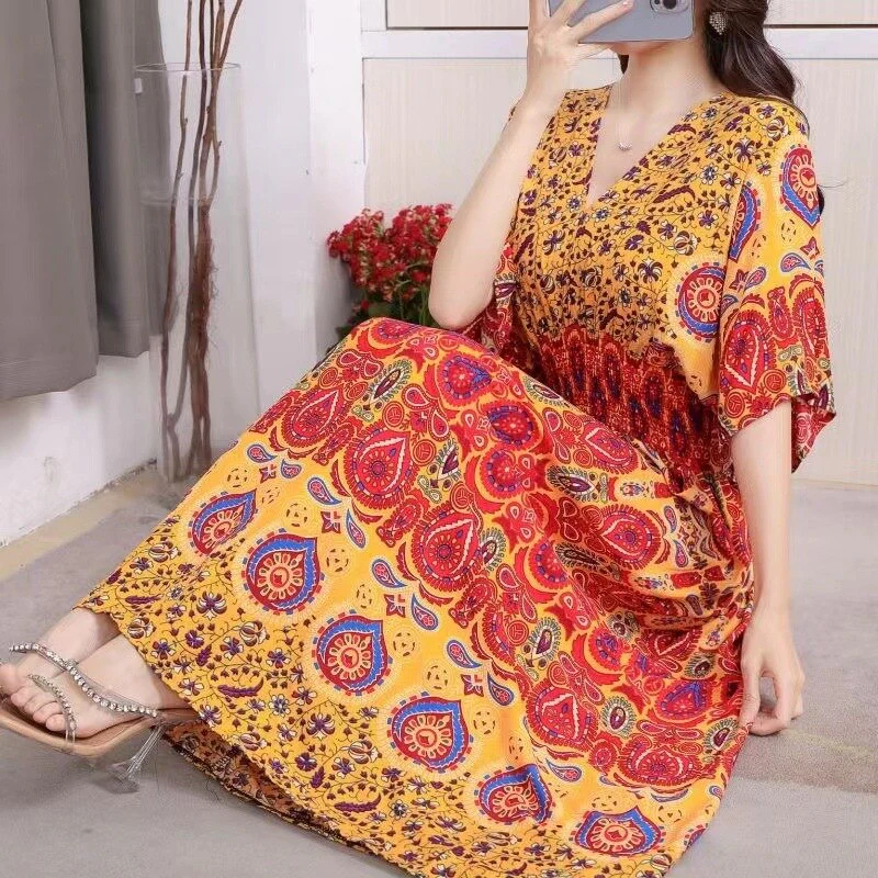 Summer Poplin Dresses Women Round Neck Puff Short Sleeve A Line Print Dresses Ethnic Style Tight High Waist Long Dress 2023 - Image 6