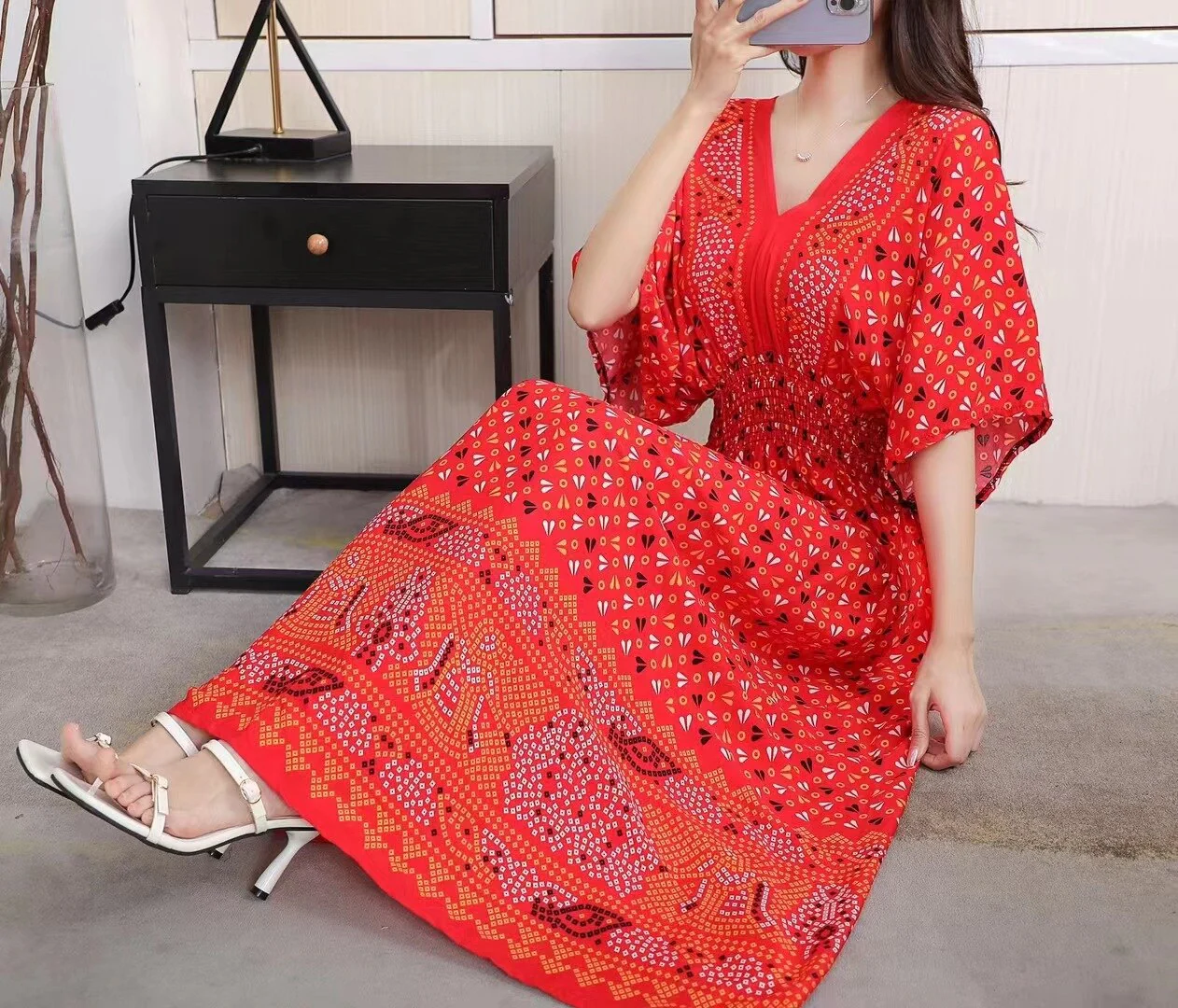 Summer Poplin Dresses Women Round Neck Puff Short Sleeve A Line Print Dresses Ethnic Style Tight High Waist Long Dress 2023 - Image 7